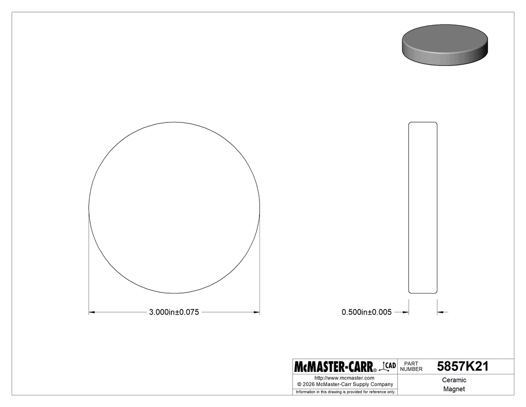 Technical Drawing of Ceramic Magnet, Magnetized Through Thickness, 1/2" Thick, 3" OD.